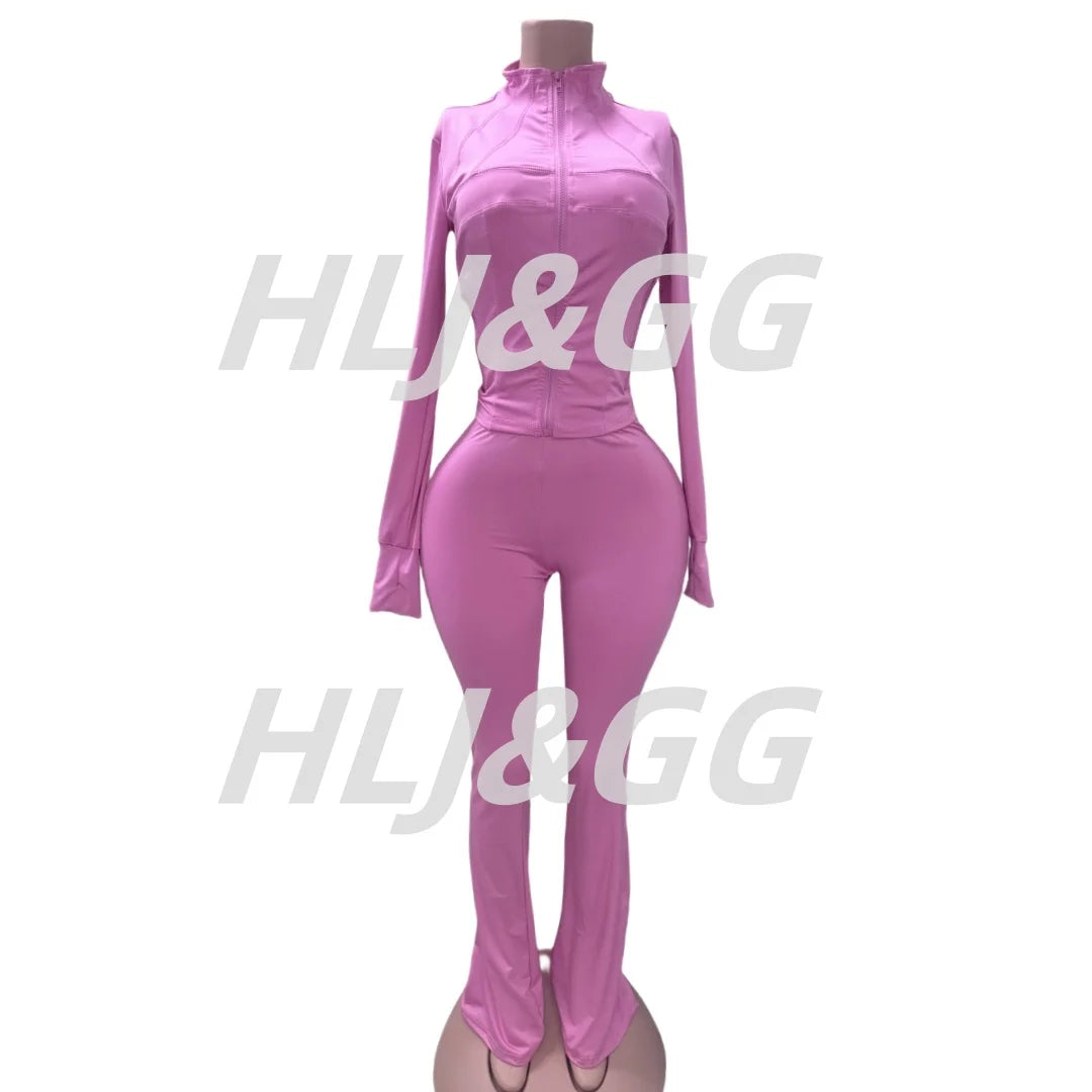 HLJ&GG Casual Solid Sporty Two Piece Sets Women Zipper Long Sleeve Slim Top And Skinny Pants Outfits Spring New 2pcs Tracksuits