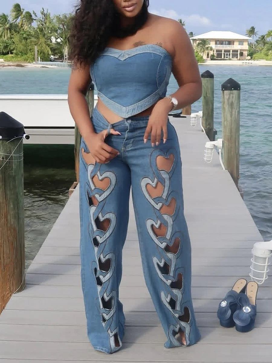 CHICEVER Retro Hot Girl Two Piece for Women Strapless Sleeveless Patchwork Denim Vest  Irregular Hollow Pant Summer Suit Female