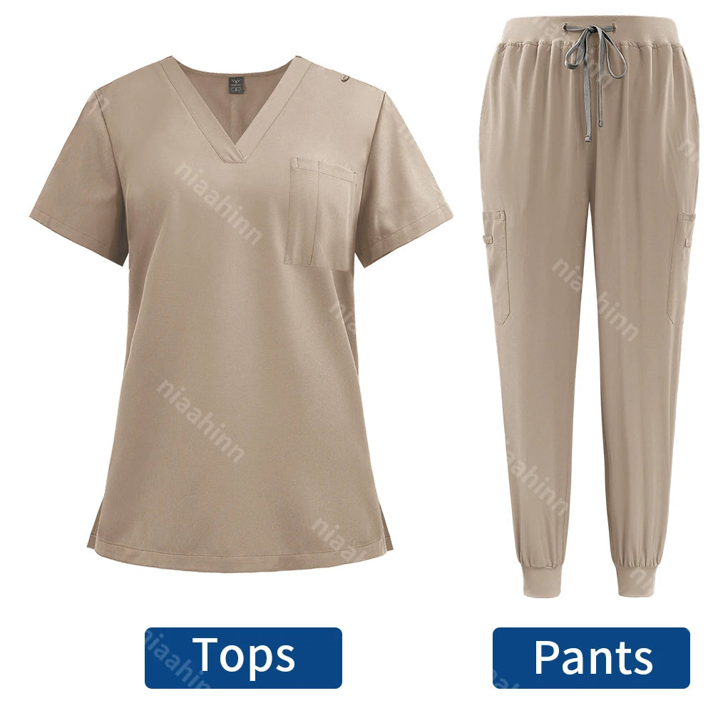 Niaahinn Surgical Uniforms Women Scrub Set Medical Nursing Workwear Dental Clinic Doctor Scrubs Tops+Pants Spa Work Unifrom Suit
