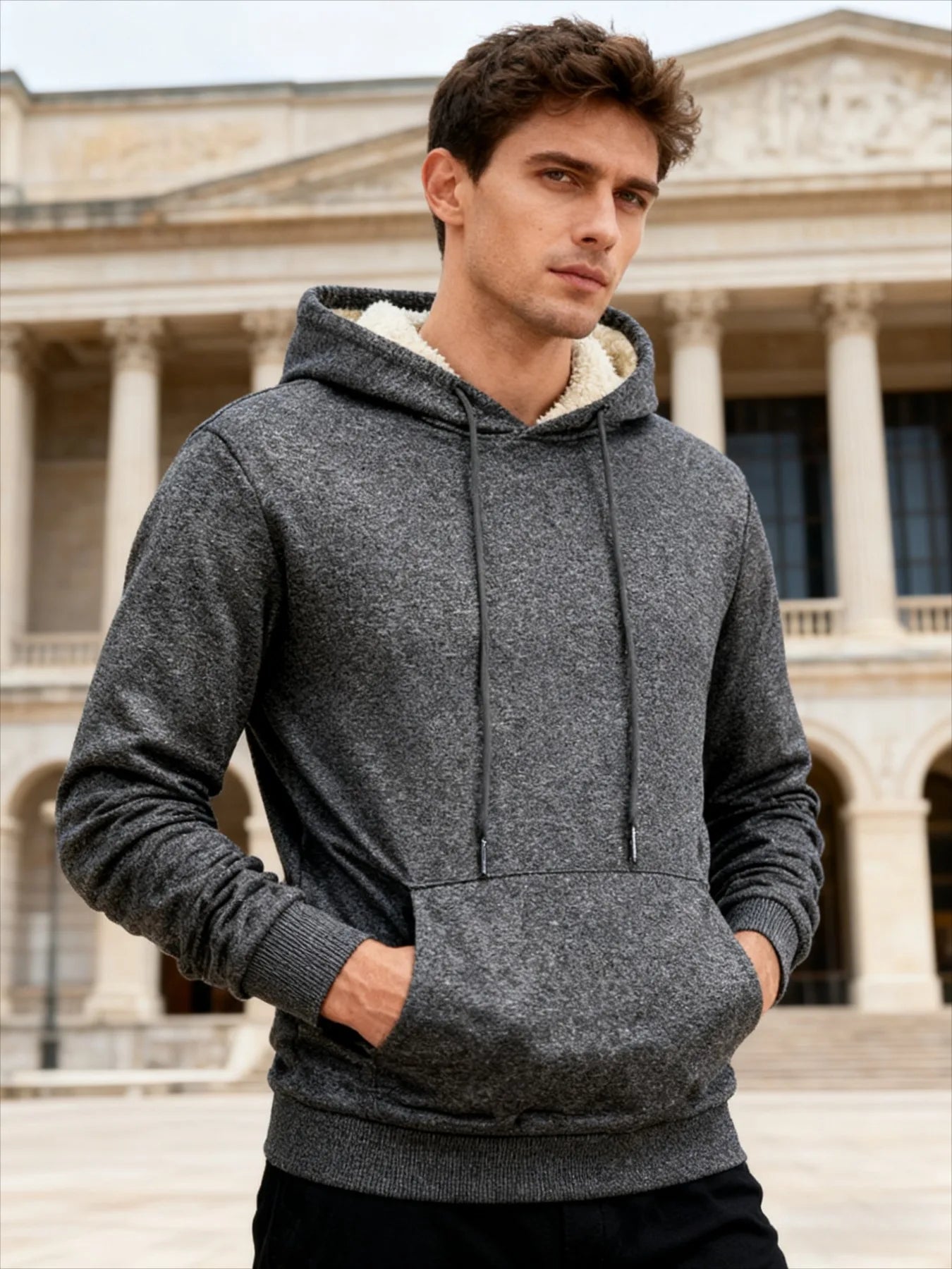 Winter Men's Fleece Hoodies Solid Color Casual Warm Long Sleeve Pullover New Crew Neck Hooded Sweatshirt Streetwear Men Clothing