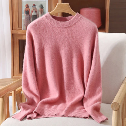 Autumn Winter Sweater Pullover Women's Clothing 100% Mink Cashmere Sweater Pullover O-Neck Basic Long Sleeve Warm Fleece Knitted