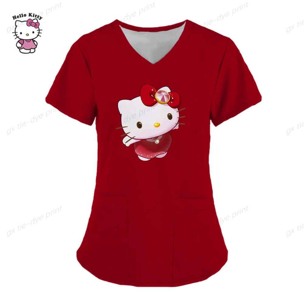 Hello Kitty Uniform Women's Cartoon Hello Kitty Print Nurse Work Shirt Pocket Gown Christmas Healthcare Nurse Scrubs