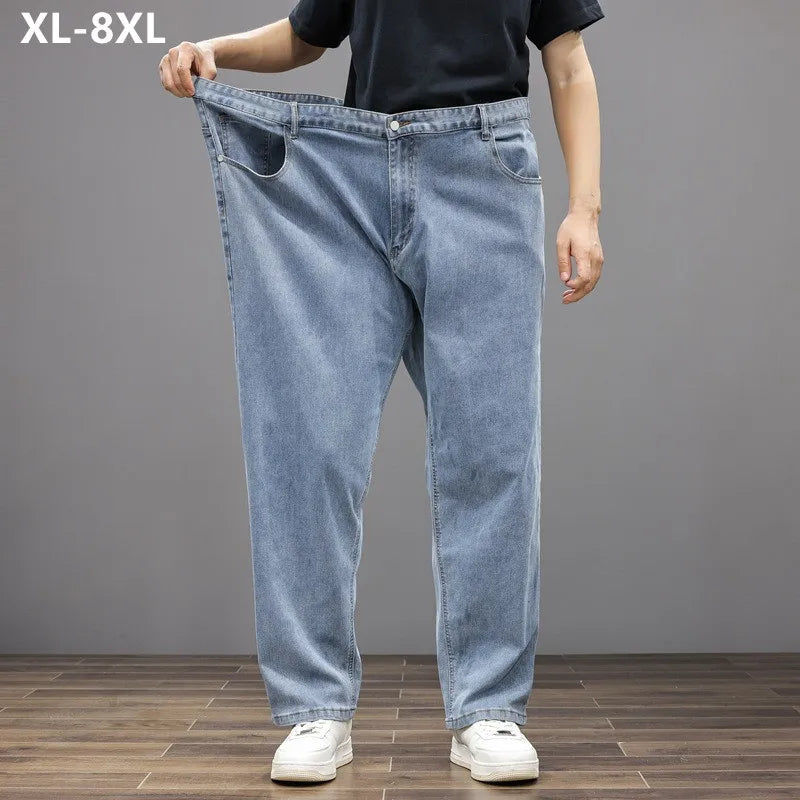 Men Jeans 8XL Summer Thin Straight Wide Leg Plus Size Denim Trousers Large Male Stretched 5XL 6XL 7XL Comfortable Pants