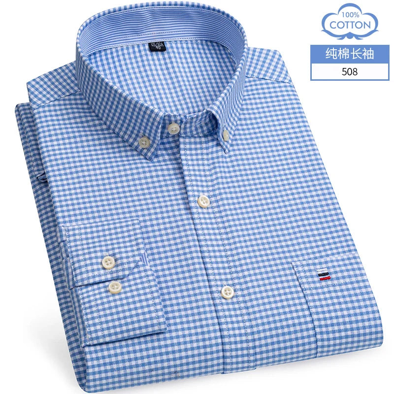 New S-7XLCotton Oxford Shirt For Mens Long Sleeve Plaid Striped Casual Shirts Male Pocket Regular-Fit Button-Down Work Man Shirt
