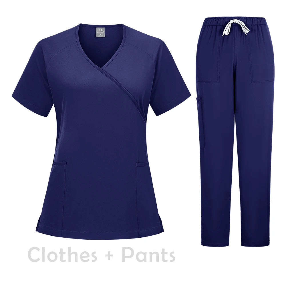 New Scrubs Set Medical Uniforms Stretch Scrub Tops with Pocket Pants Nurse Uniform Doctor Surgery Overalls Beauty Salon Workwear