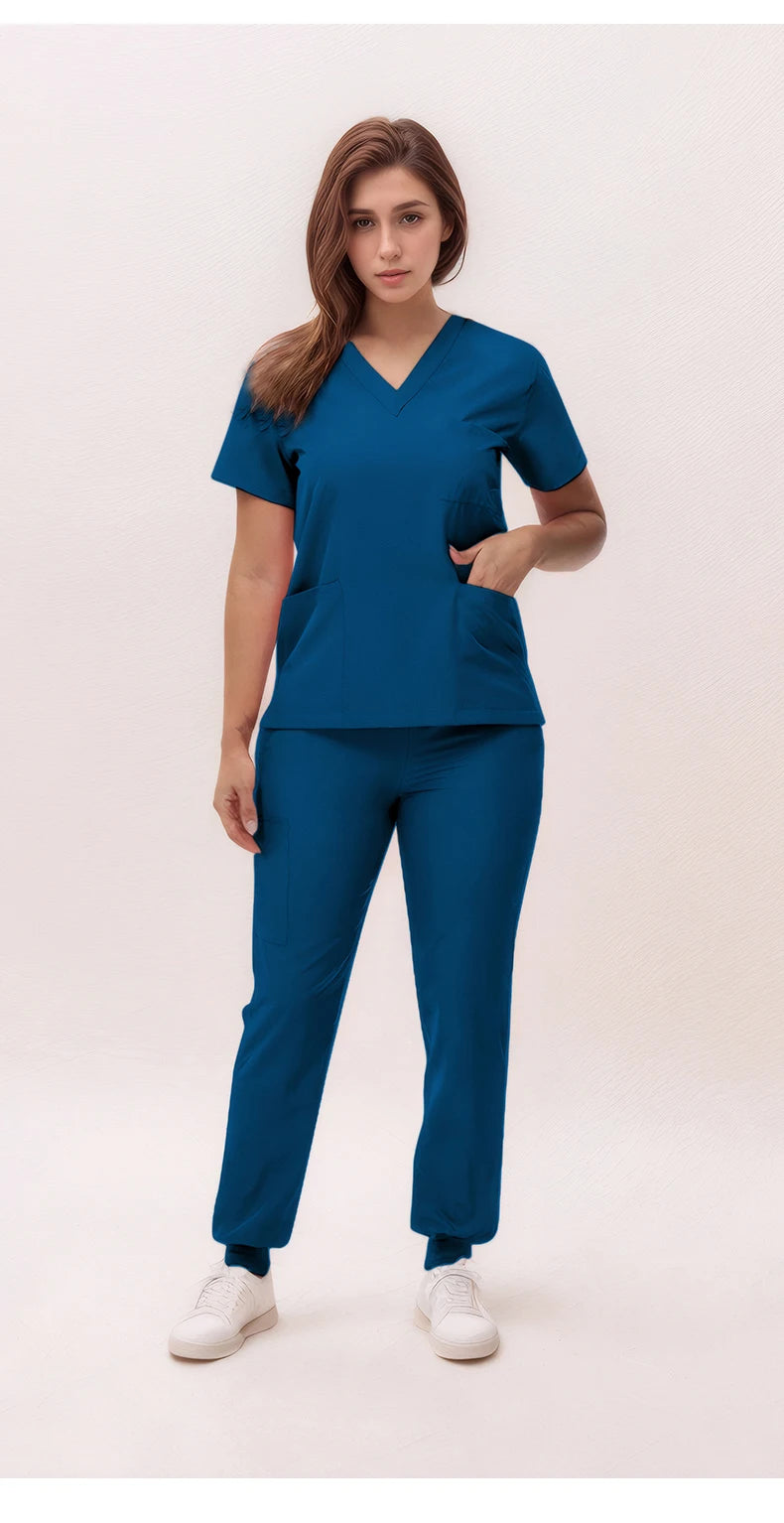 Short Sleeves Nurse Uniforms V-neck Top Jogger Pants  Women Surgical Scrubs Dentist Nursing Suit Pet Hospital Doctor Outfit S21