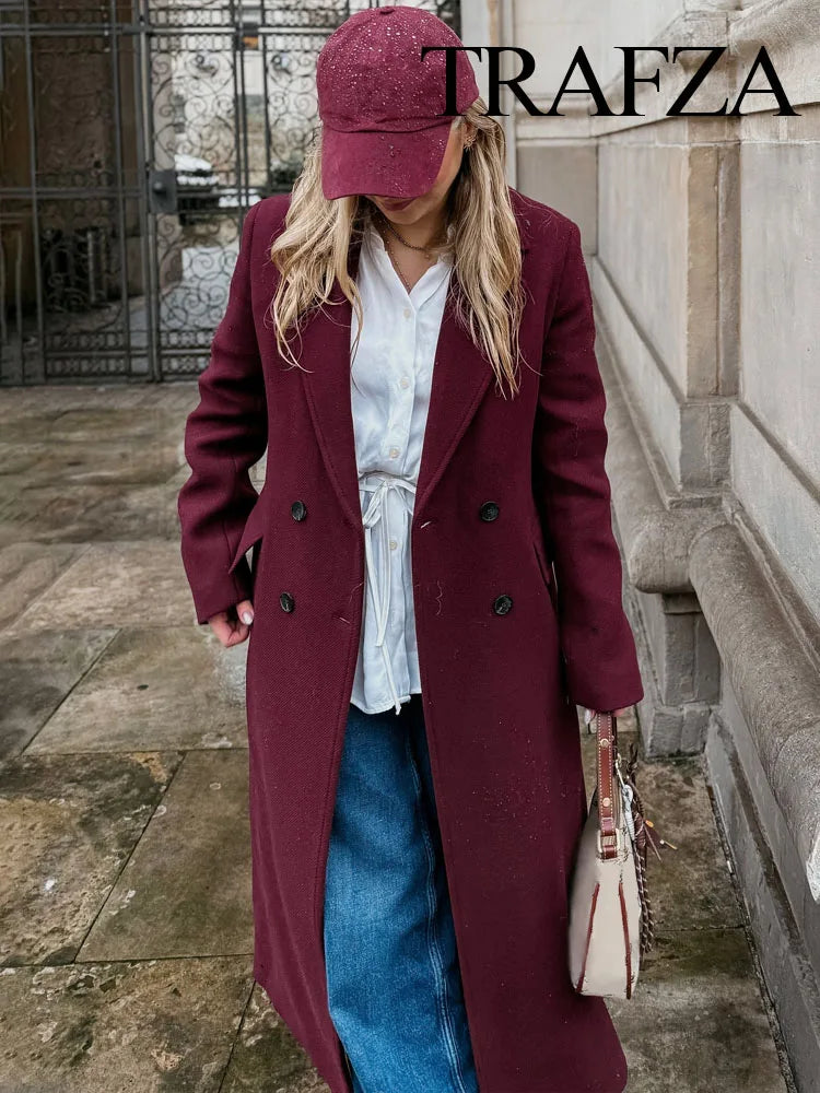 HH Female Autumn Winter Fashion Woolen Long Coat Woman Casual Turn-Down Collar Long Sleeves Pockets Double Breasted Coat