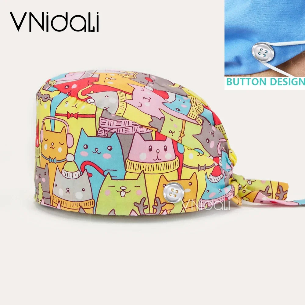 nurse hats anime adjustable surgery cap Breathable Cotton with button scrubs cap operating room cap medical doctor cap
