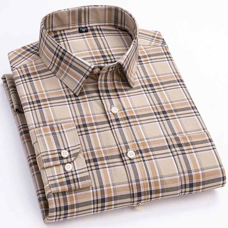 New S-7XLCotton Oxford Shirt For Mens Long Sleeve Plaid Striped Casual Shirts Male Pocket Regular-Fit Button-Down Work Man Shirt