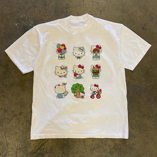 Hello Kitty Series Sanrio Funny Print Cotton T-Shirt Summer Cartoon Graphic Women's T-shirts Crew Neck Fashion Loose Casual Top