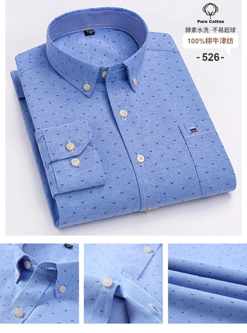 New S-7XLCotton Oxford Shirt For Mens Long Sleeve Plaid Striped Casual Shirts Male Pocket Regular-Fit Button-Down Work Man Shirt