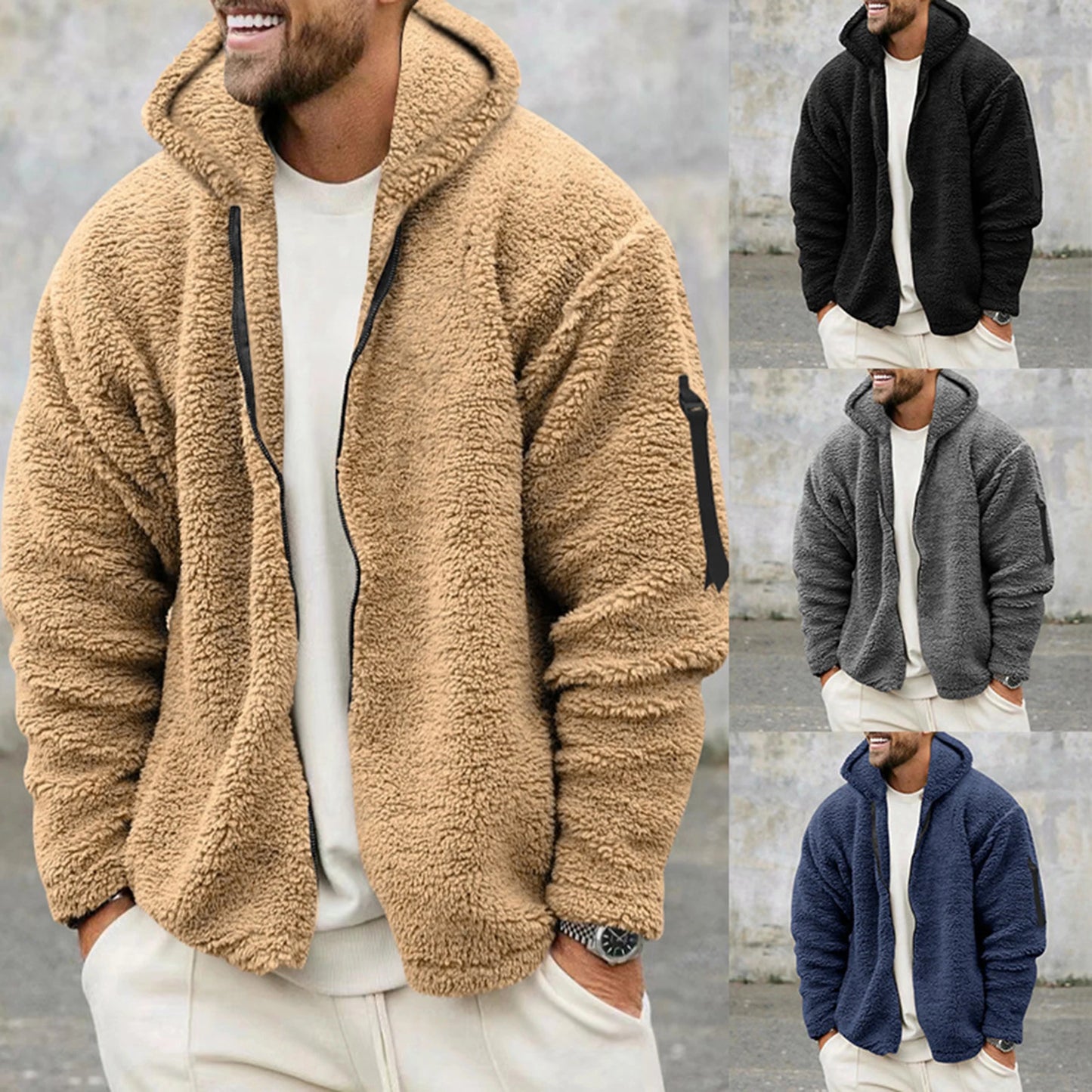 Winter Men'S Casual Loose Double-Sided Velvet Jacket Solid Color Zipper Hooded And Warm Jacket Suitable For Daily Wear