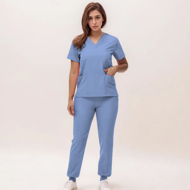 Short Sleeves Nurse Uniforms V-neck Top Jogger Pants  Women Surgical Scrubs Dentist Nursing Suit Pet Hospital Doctor Outfit S21