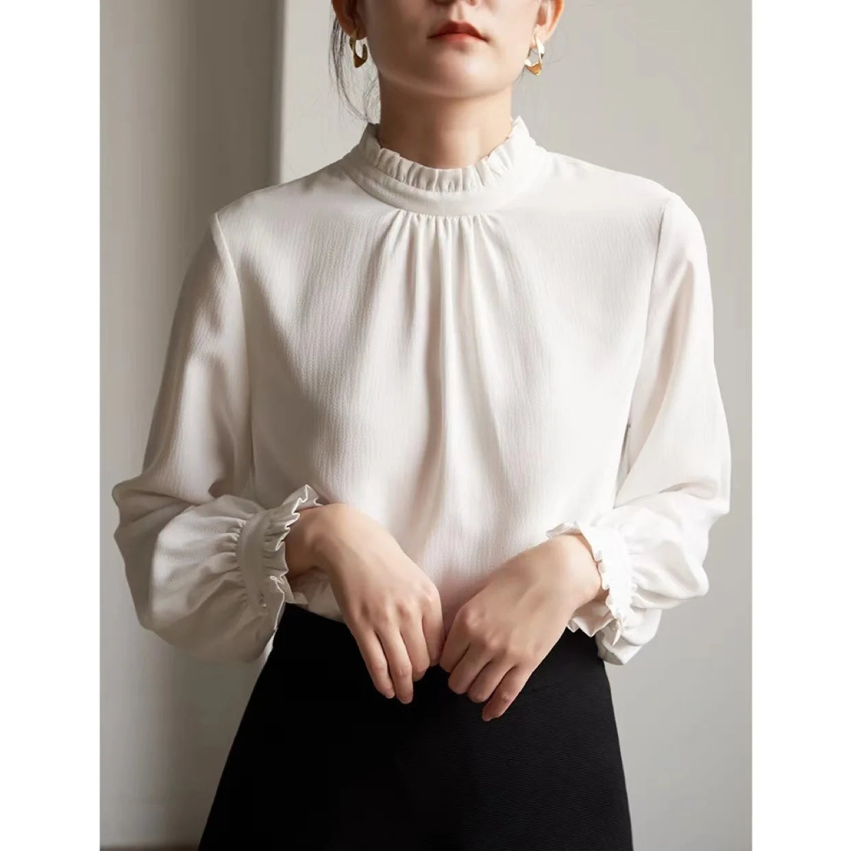 Ruffles Elegant Women Blouses Woman White Shirt Long Sleeve Shirts Office Lady Business Commuter  Solid Women Work Tops French
