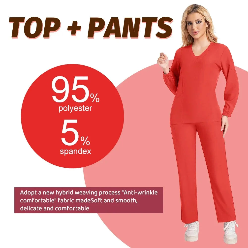 Long sleeves Scrubs Medical Scrub Soft Breathable Jogger Pants Set Surgical Uniforms Woman NursingClinical Doctor Workwear