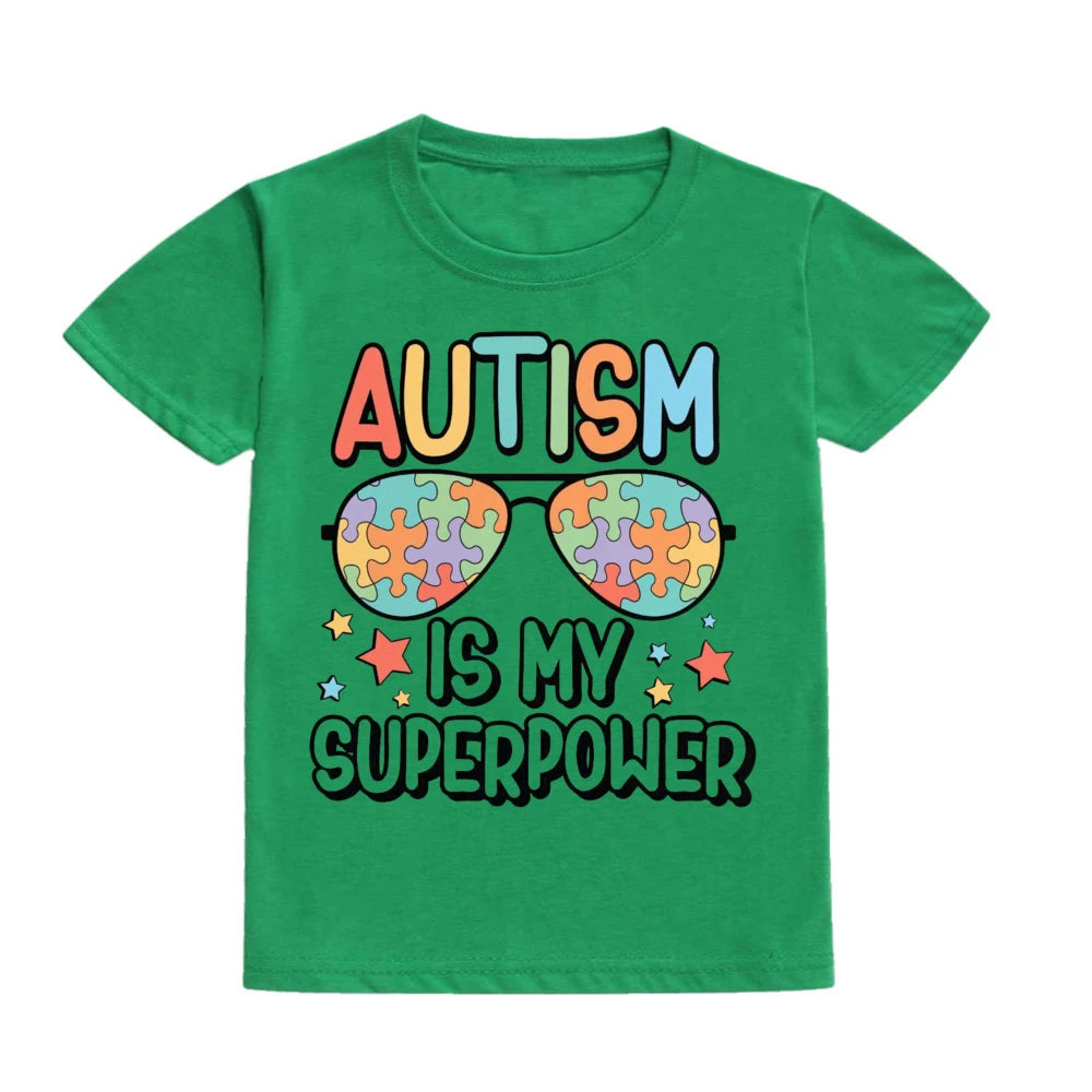 Autism Is My Superpower Kids Tshirt Autism Awareness Youth Shirt Toddler Short Sleeve Clothes Colorful Puzzle Boys Tee