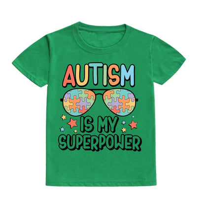 Autism Is My Superpower Kids Tshirt Autism Awareness Youth Shirt Toddler Short Sleeve Clothes Colorful Puzzle Boys Tee