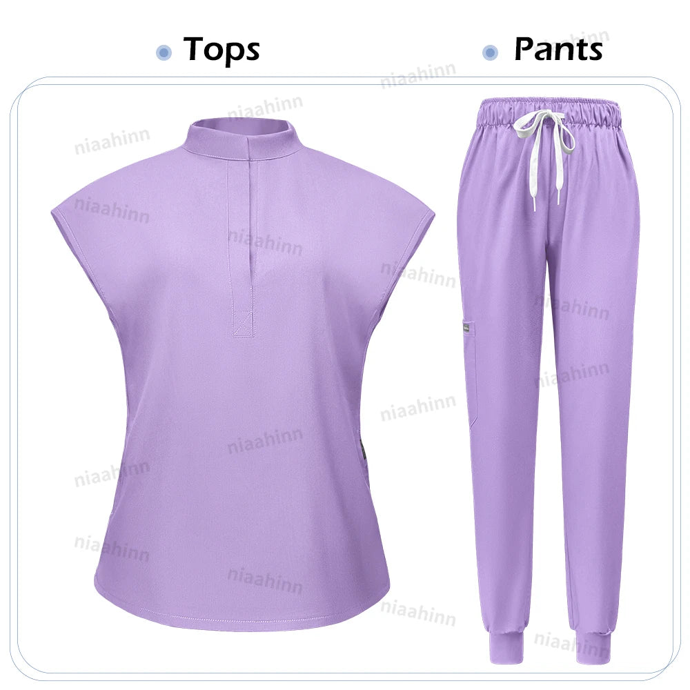 Niaahinn Scrubs Hot Sales Jogger Scrub Sets Women Solid Color Breathable Work Clothes Lab Coat Uniform Hospital Doctor Work Wear