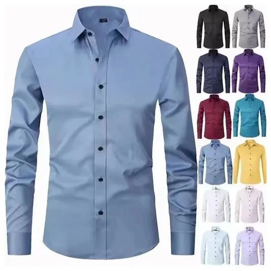 6XL 7XL 8XL Spring and Autumn Shirt Men's Long Sleeve Large Luxury Business Casual Slim Solid Color Wrinkle Free Press