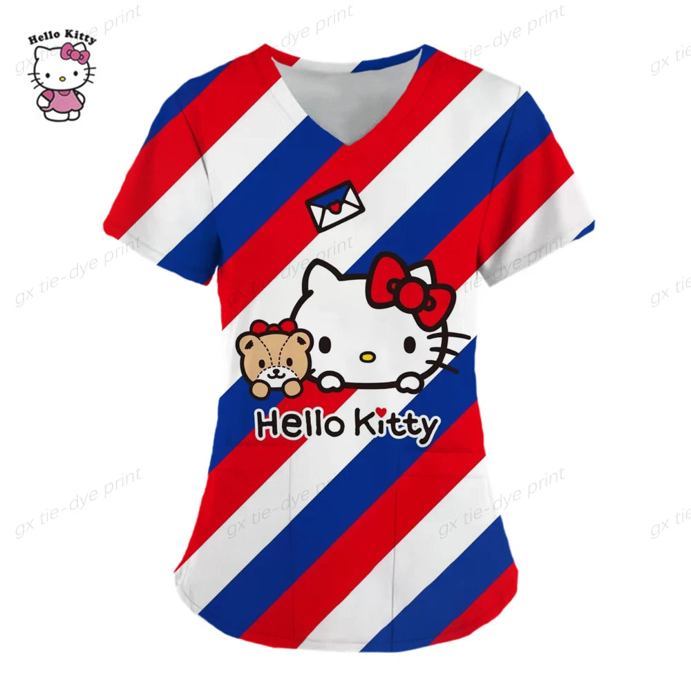Hello Kitty Uniform Women's Cartoon Hello Kitty Print Nurse Work Shirt Pocket Gown Christmas Healthcare Nurse Scrubs