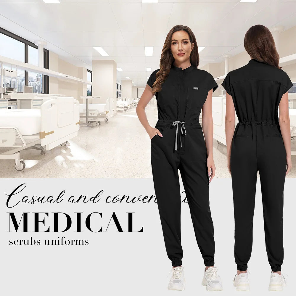 Niaahinn Zipper Neck Lab Jumpsuit Pet Grooming Nurse Uniform Onesie Short Sleeved Scrubs Workwear Health Service Nursing Clothes