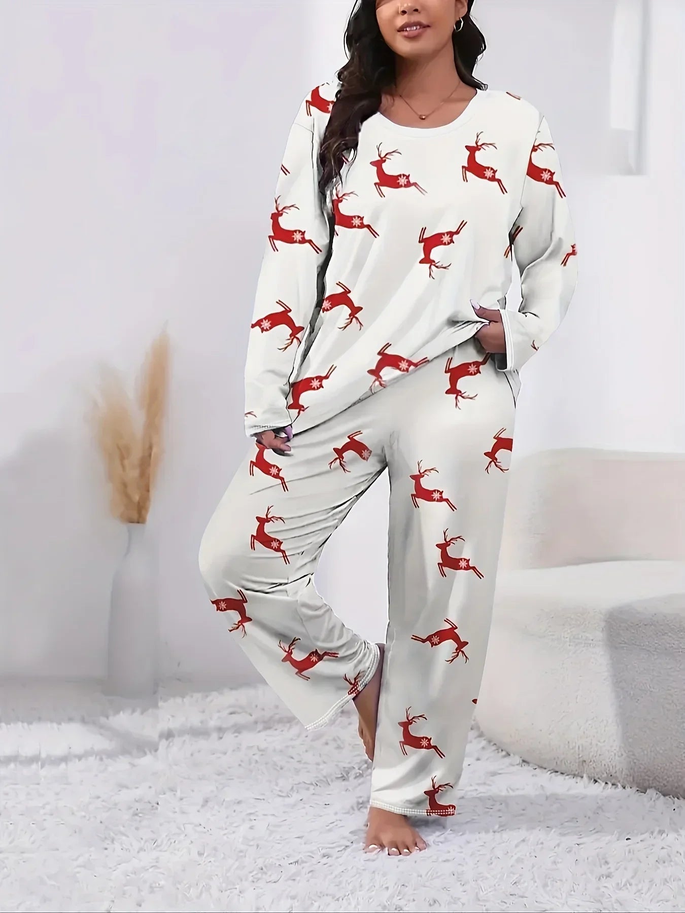 Plus Size Women's Fashion Winter Outfit Clothing Sets Flannel Pullover Warm Thicken Little Bear Graphical Round Neck Outfit