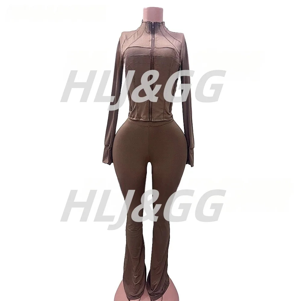 HLJ&GG Casual Solid Sporty Two Piece Sets Women Zipper Long Sleeve Slim Top And Skinny Pants Outfits Spring New 2pcs Tracksuits