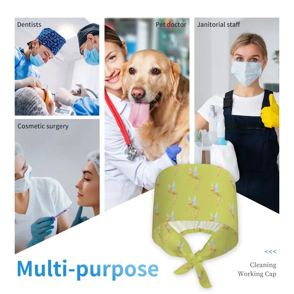 Custom Tinker Bell Breathable Nursing Work Cap Surgical Scrub Caps Unisex Nurse Medical Cap Cartoons Scrubs Hat Medical Surgical