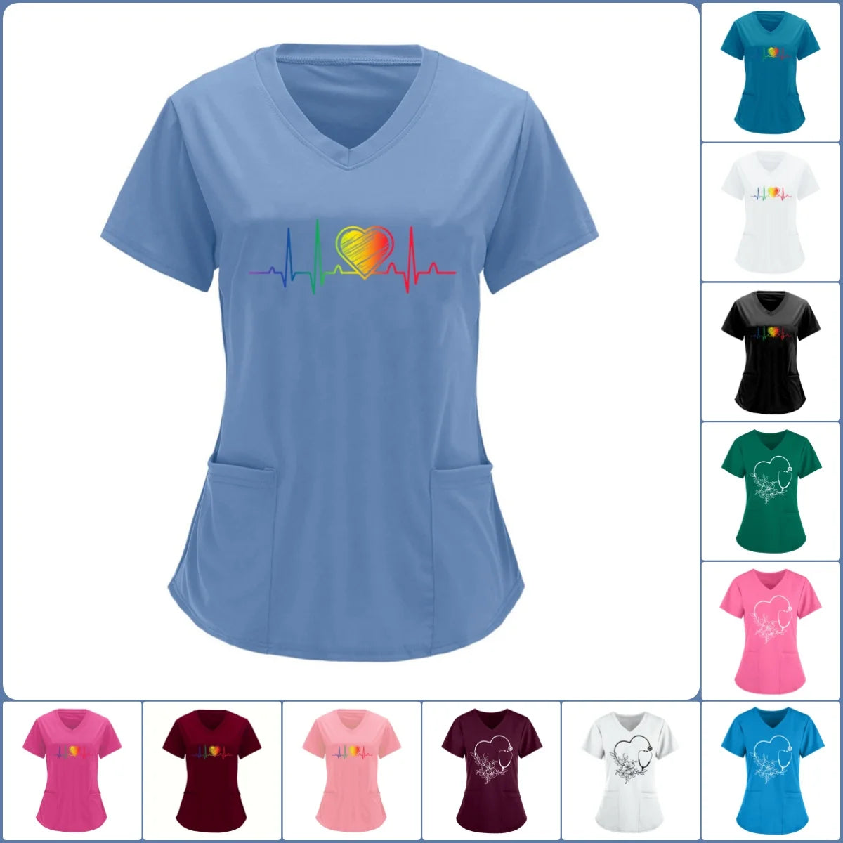 Women T-shirt Working Uniform Print Pocket Pet Grooming Nurse Uniform Clothing Hospital Solid Short Sleeve Spa V-Neck Scrub Tops