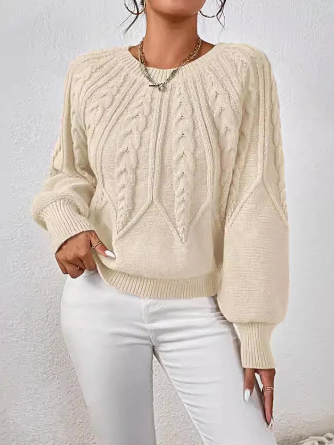 Autumn Winter Sweater 2025 Women's Elegant Plain Texture Long Lantern Sleeve Crew Neck Basics Sweater