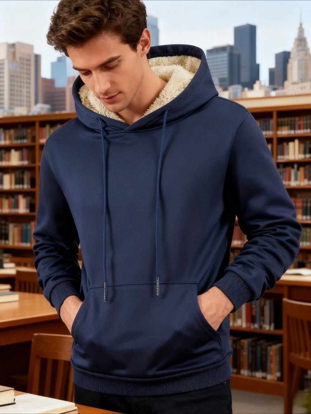 Winter Men's Fleece Hoodies Solid Color Casual Warm Long Sleeve Pullover New Crew Neck Hooded Sweatshirt Streetwear Men Clothing