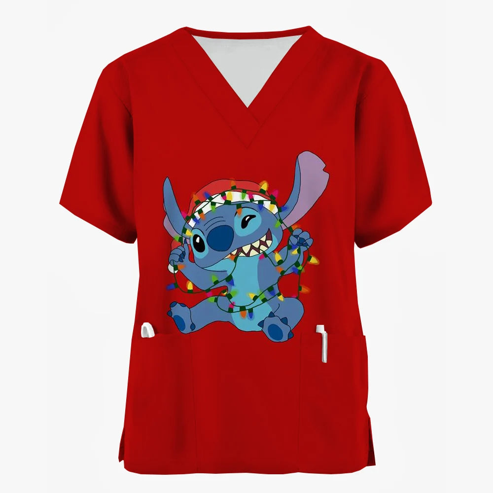 Nurse Uniforms Women Merry Christmas Print Short Sleeve Stitch Scrubs Working Medical Blouse Overalls Uniforms Medical Nursing