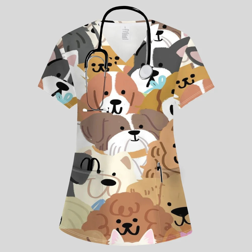 Clinical Uniform Woman Fashion V-Neck Vibrant Pockets T-Shirt Cute Cartoon Print Tops Summer Comfortable Vet Nurse Uniform Woman