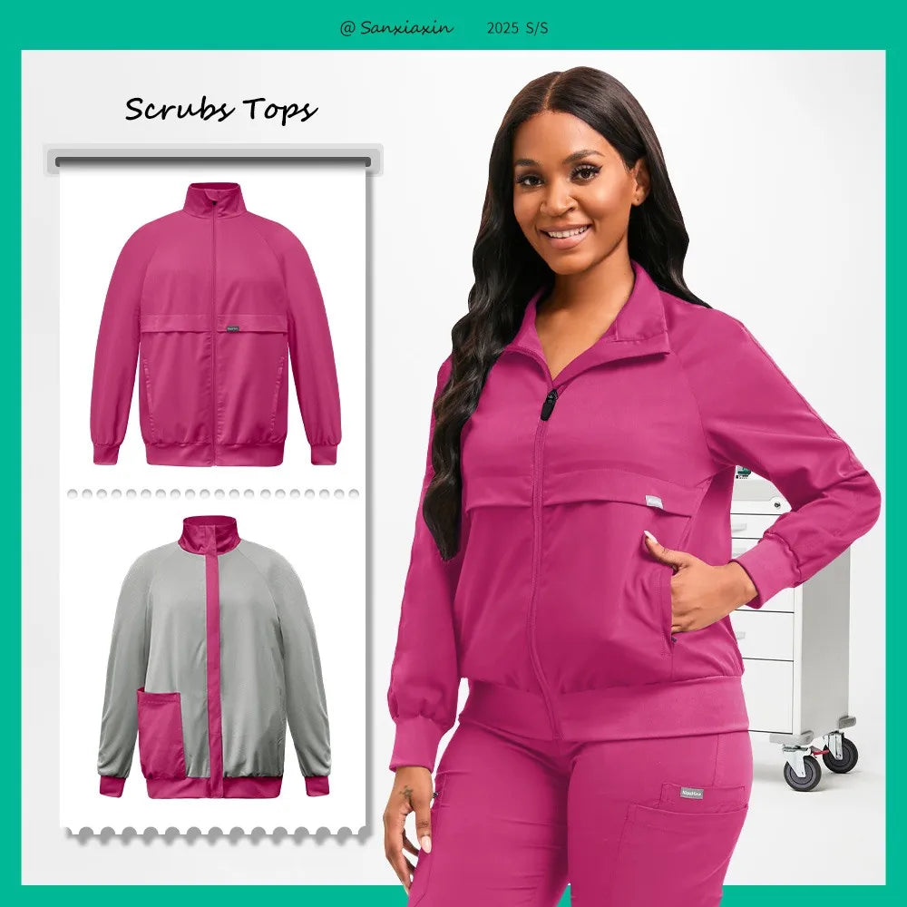 Long Sleeved Medical Scrub Jacket Pharmacy Uniform Women Solid Nurse Hospital Scrub Coat Surgical Uniforms Beauty Salon Workwear
