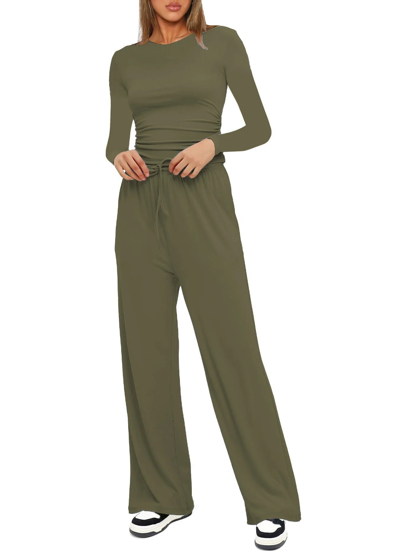Autumn Winter Trend Fashion Women's Two Pieces Set Solid Casual O Neck Long Sleeve T-shirts & High Waist Wide Leg Pants Sets