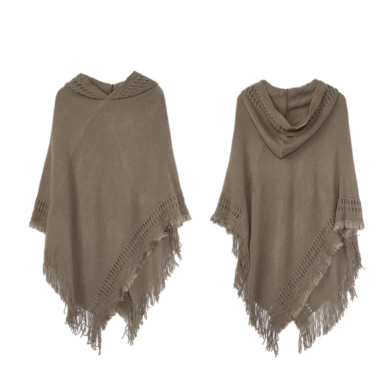 Women Winter Warm Knitted Hooded Poncho Cape Solid Color Crochet Fringed Tassel Shawl Wrap Oversized Pullover Cloak Sweater Top