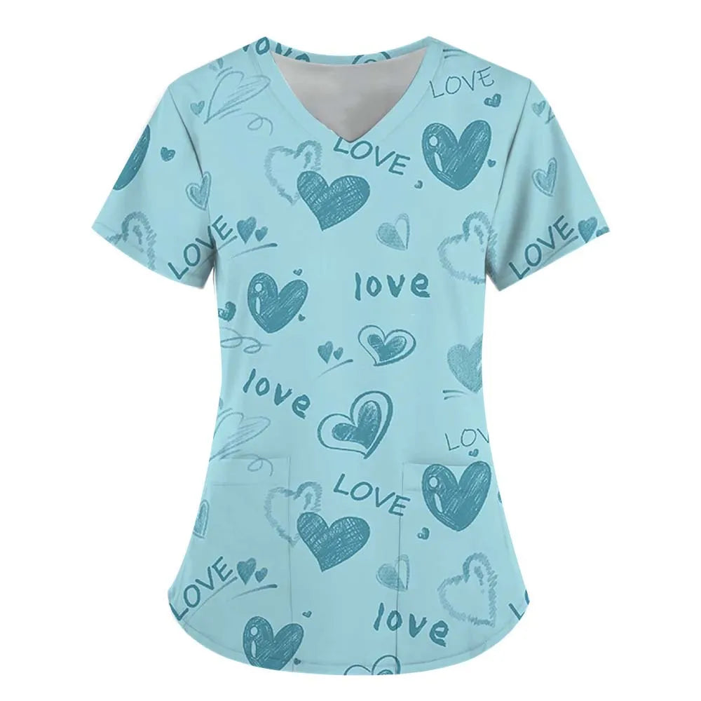 Heart Print V-Neck Stretchy Medical Uniform for Women Casual Short Sleeve Patched Pockets Tops Scrubs Medical Uniforms Woman