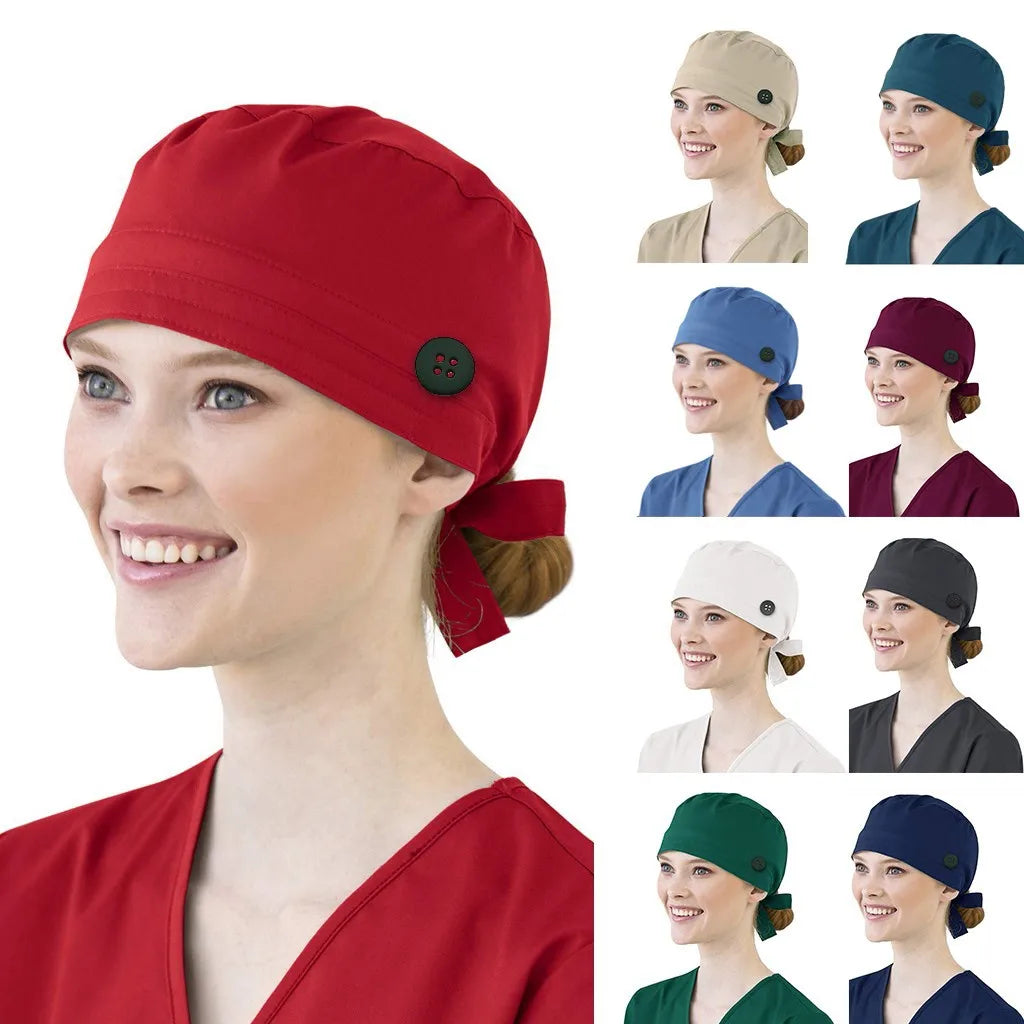 Solid Color Scrubs Caps With Button Pet Grooming Agency Work Scrubs Beauty Work Hats Lab Nursing Scrubs Cap Gorro Enfermera