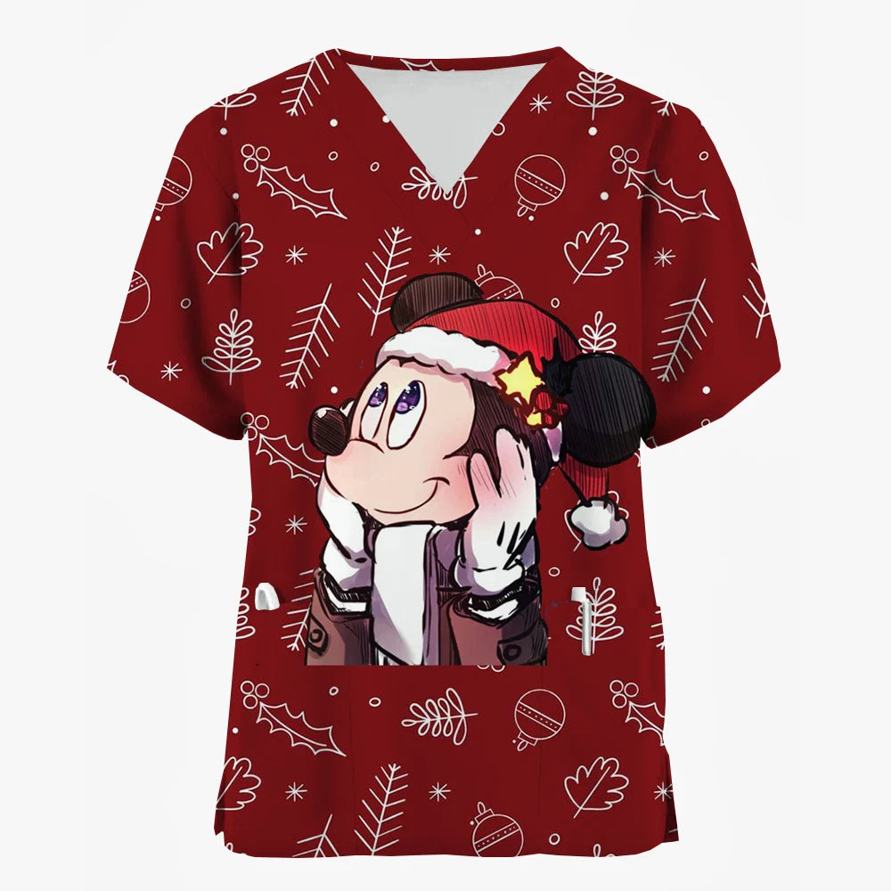 2024 Disney Uniform Women's Cartoon Stitch Print Nurse Work Shirt Pocket Gown Christmas Healthcare Nurse Scrubs
