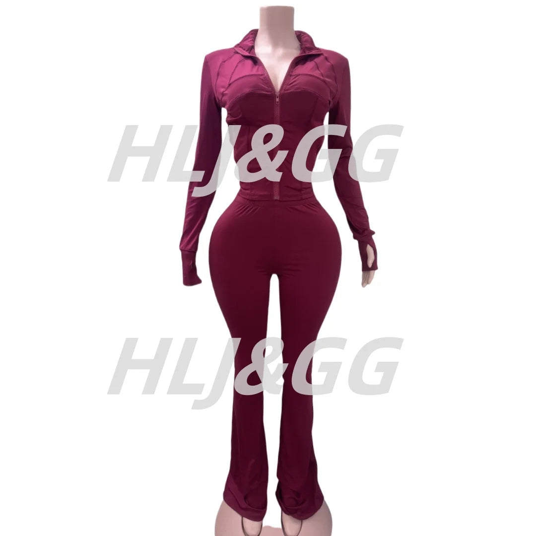 HLJ&GG Casual Solid Sporty Two Piece Sets Women Zipper Long Sleeve Slim Top And Skinny Pants Outfits Spring New 2pcs Tracksuits