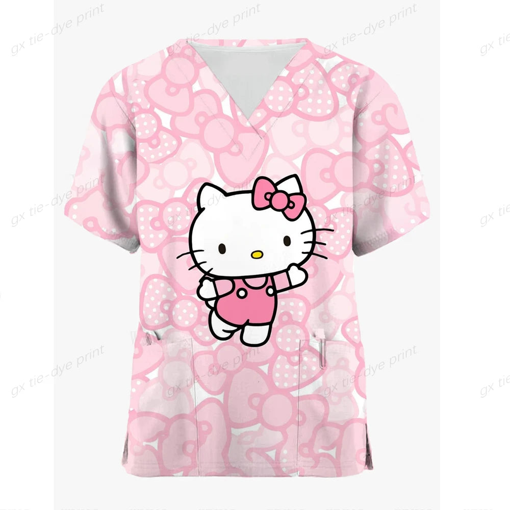 Medical Scrubs Dental Nursing Uniform Surgical Shirts for Women Hello Kitty Printing Surgery Clothes Cotton Medical Clothing  ﻿