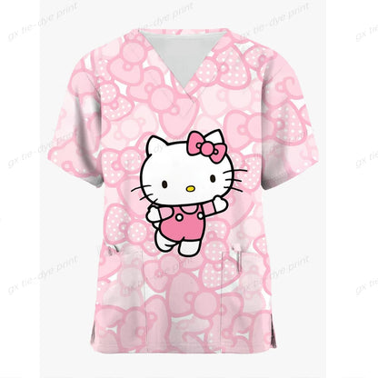 Medical Scrubs Dental Nursing Uniform Surgical Shirts for Women Hello Kitty Printing Surgery Clothes Cotton Medical Clothing  ﻿