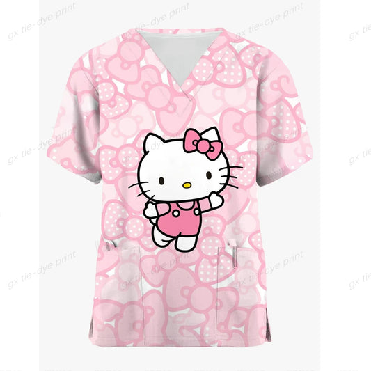 Medical Scrubs Dental Nursing Uniform Surgical Shirts for Women Hello Kitty Printing Surgery Clothes Cotton Medical Clothing  ﻿