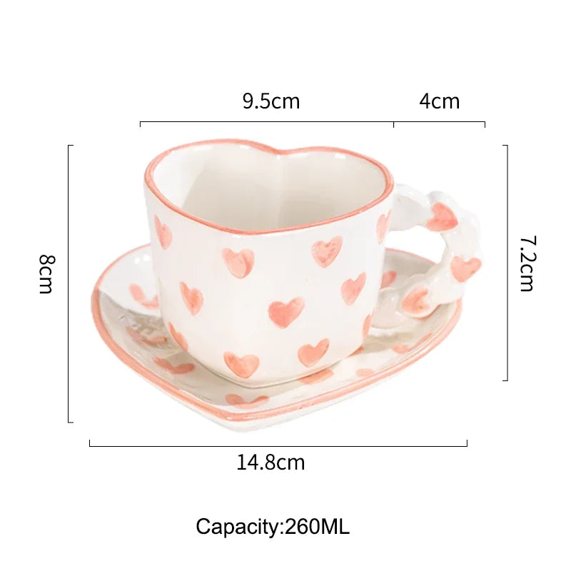 Cute Ins Style Heart Shape Coffee cup with Saucer Hand Painted Love Ceramics Mug Festival Gifts Afternoon tea Cup Breakfast cups