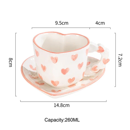 Cute Ins Style Heart Shape Coffee cup with Saucer Hand Painted Love Ceramics Mug Festival Gifts Afternoon tea Cup Breakfast cups