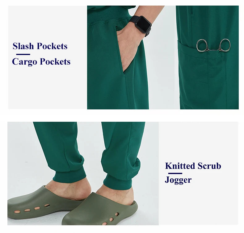 Green Hospital Work Uniforms Short-sleeved Doctor Outfit Clinical Scrub Set for Women Men Nurse V-neck Top Jogger Pant Scrub S21