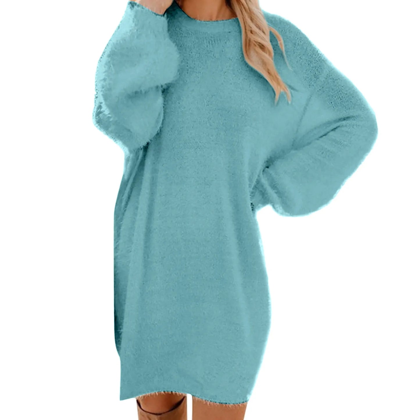 Women Winter Sweater Knit Crewneck Warm Long Sleeve O-Neck Casual Sweatshirts Dress Solid Color Oversized Basic Ladies Cloth