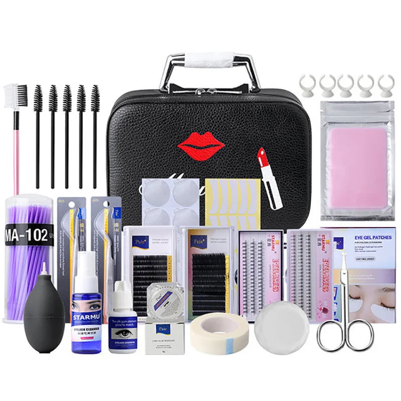 False Eyelash Extension Kit Set for Beginner Lash Brush Tweezers Glue Ring Eye Pad Eyelash Extension Supplies Lash Accessories