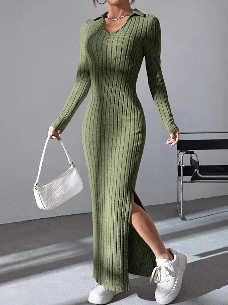 Women's Fall Winter Knitted Dress Long Sleeve Lapel Collar Solid Color Bodycon Long Dress Going Out Dress