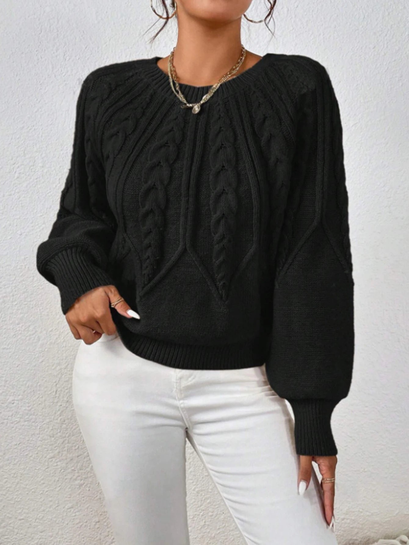 Autumn Winter Sweater 2025 Women's Elegant Plain Texture Long Lantern Sleeve Crew Neck Basics Sweater
